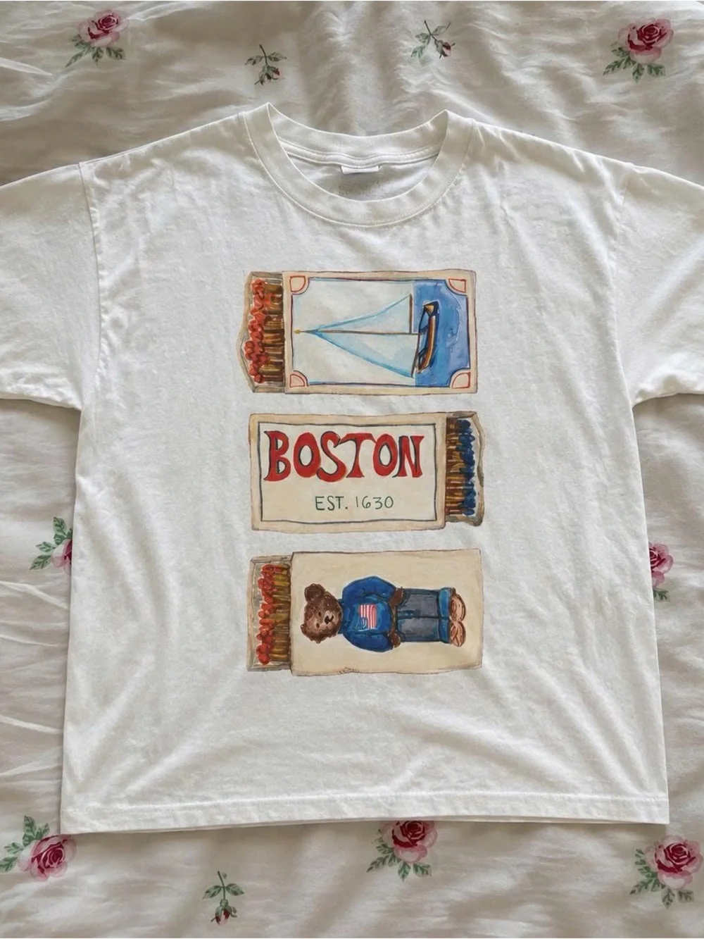 Gildan White Boston Graphic Tee with Blue and Red Accents